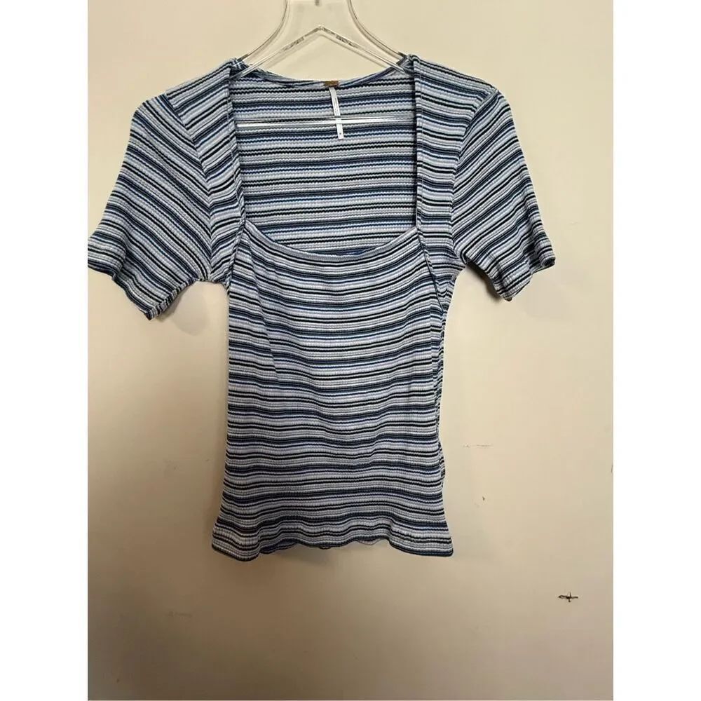 Free People Womens Pullover Wild Blue Striped 3/4 Sleeve Square Neck Boho Top M